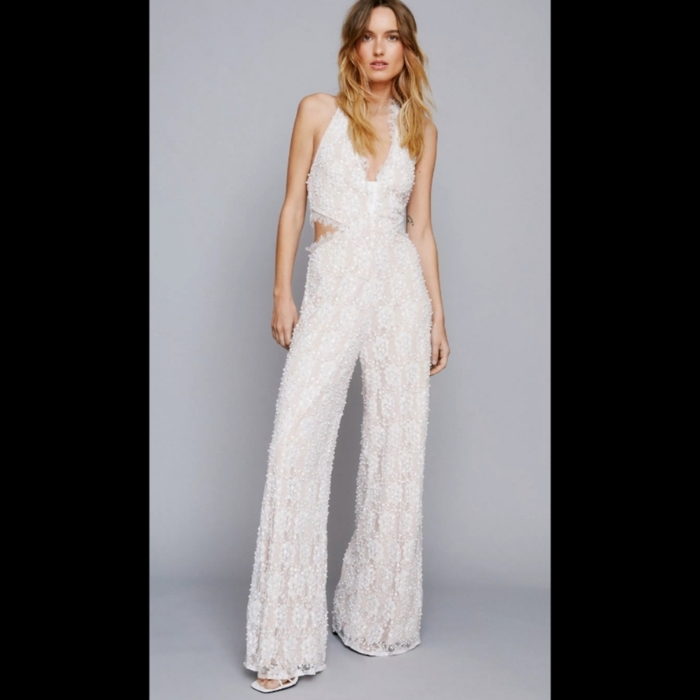 Nasty Gal White Beaded Halter Jumpsuit